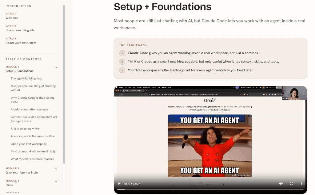 Setup and Foundations lesson with text, takeaways, and video