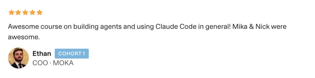 5-star review from Ethan, COO at MOKA — Cohort 1
