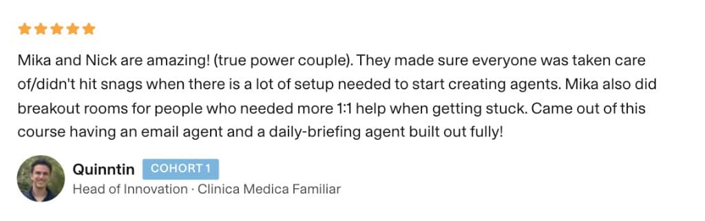 5-star review from Quinntin, Head of Innovation at Clinica Medica Familiar — Cohort 1