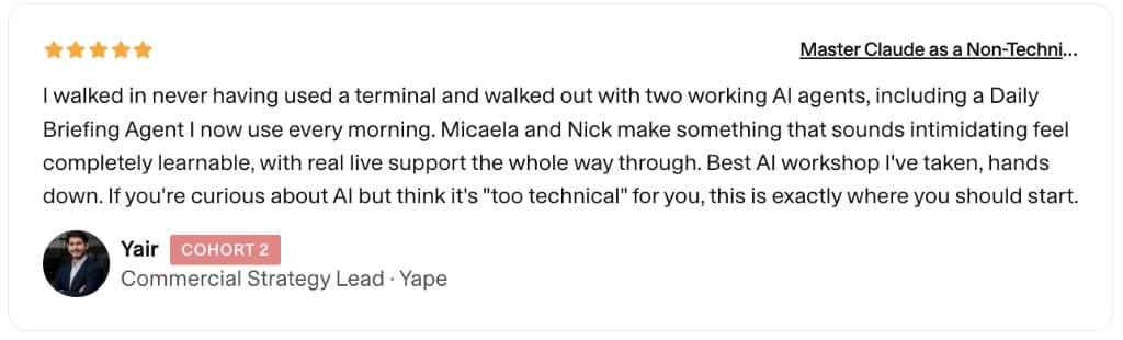 5-star review from Yair, Commercial Strategy Lead at Yape — Cohort 2