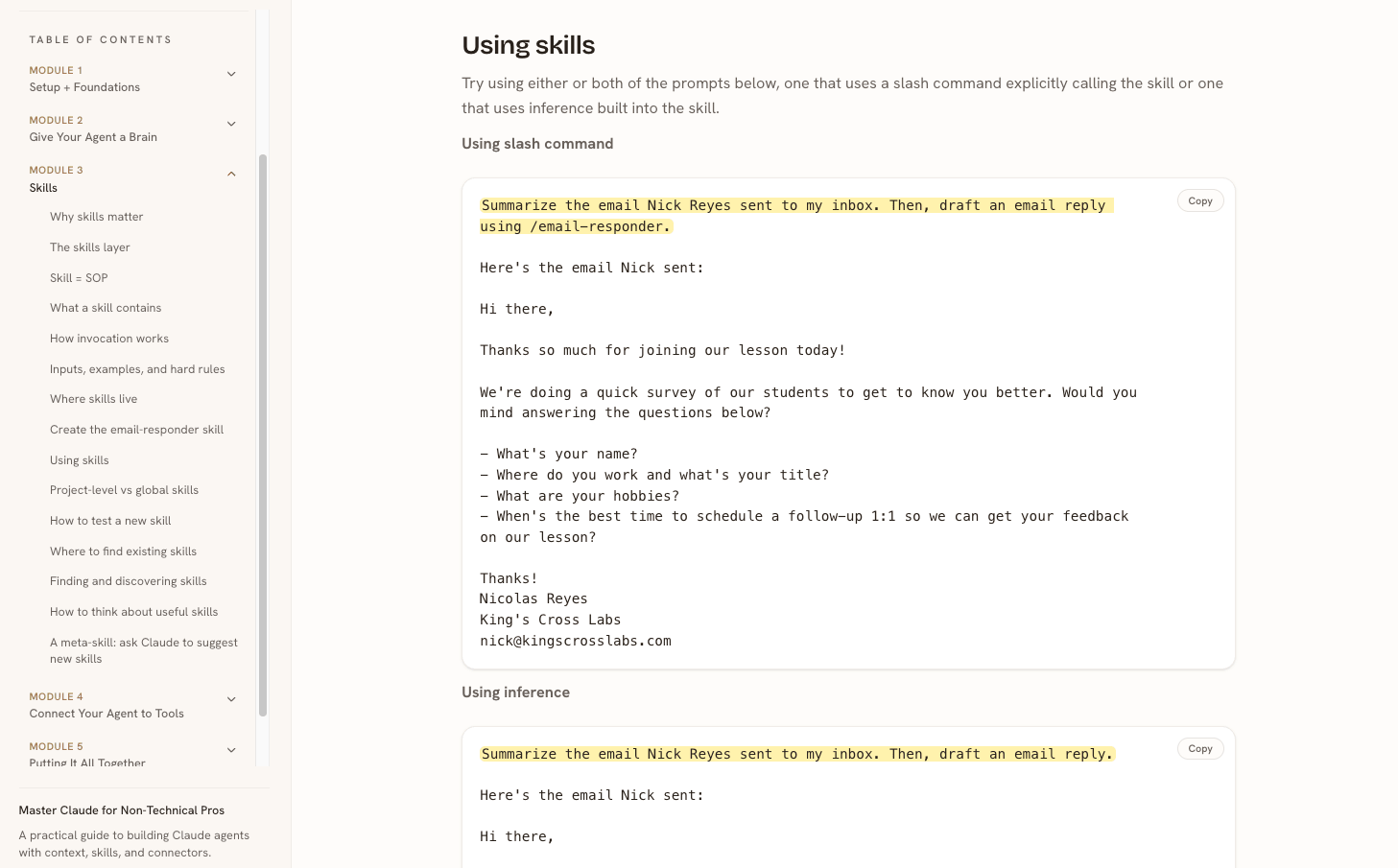 Skills lesson with copyable starter prompts and written instructions