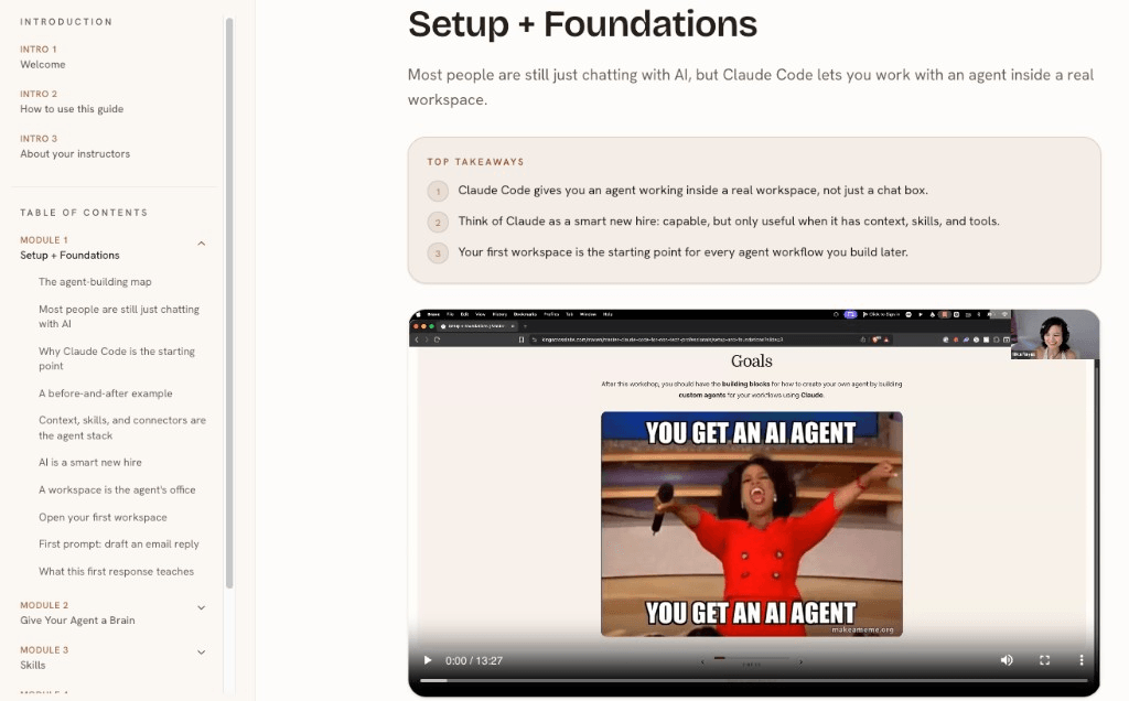 Setup and Foundations lesson with text, takeaways, and video