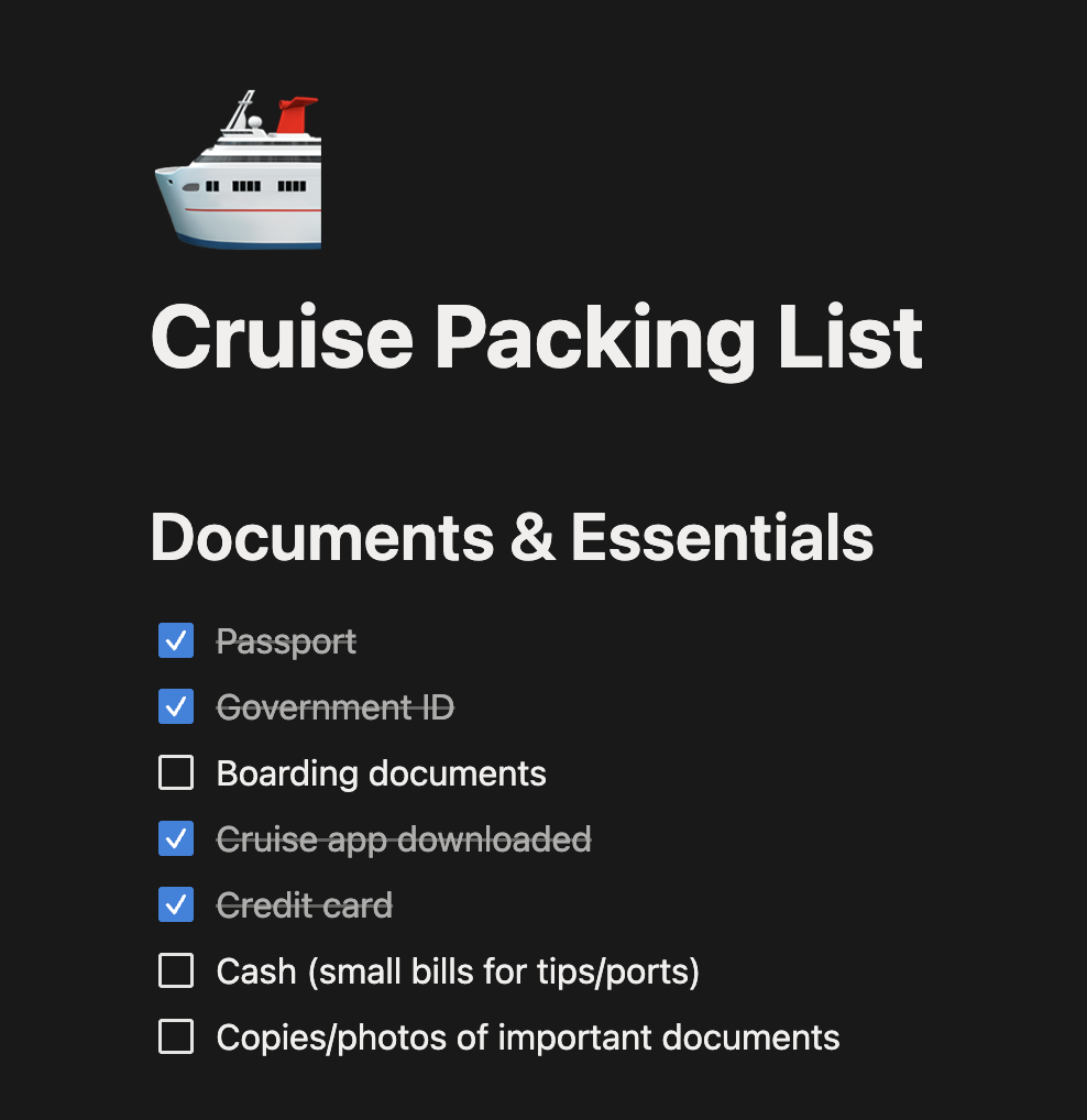 Notion cruise packing list
