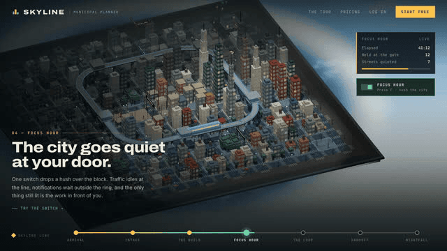 Skyline municipal planner landing page with an isometric 3D city, the headline The city goes quiet at your door, and a focus-hour timeline