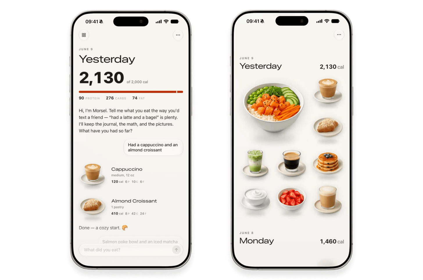 Two iPhone screens of the Morsel calorie app after cutting clutter, with a black calorie total and a photo grid of the day's meals