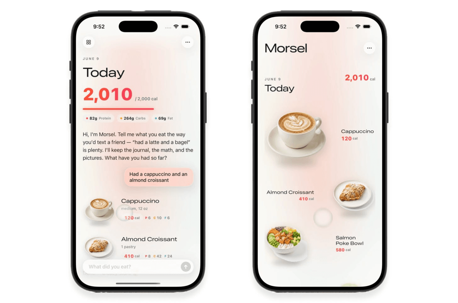 Two iPhone screens of the Morsel calorie app before the cut, with a coral calorie total, macro chips, a chatbot intro, and a chat bubble