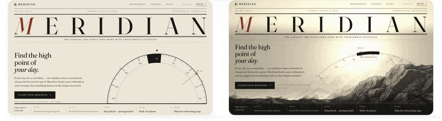 Meridian almanac landing page before and after image generation: a flat cream sundial, then the same sundial over a generated mountain-at-dawn photograph