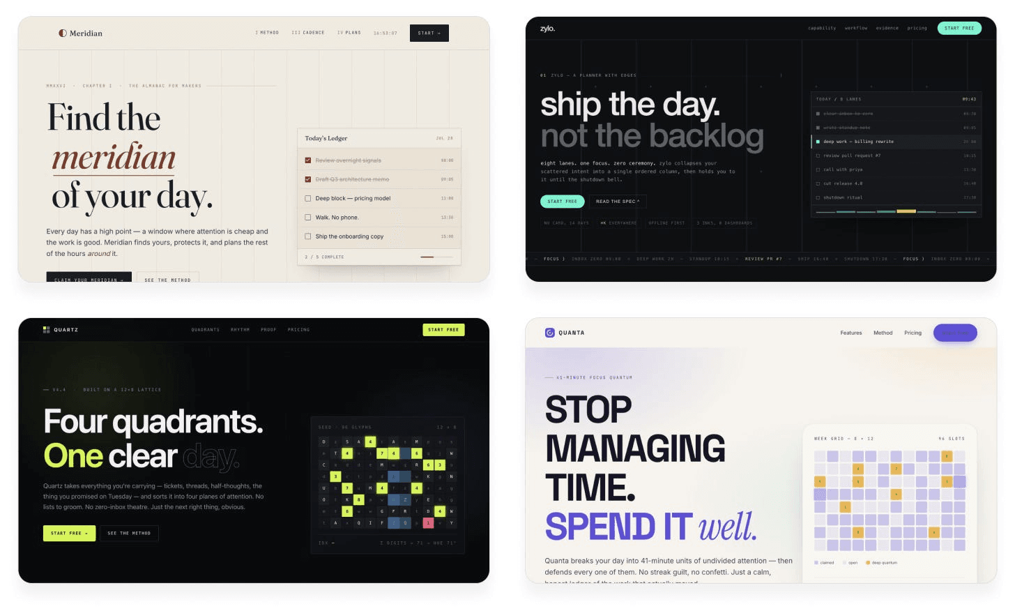 Four AI-generated landing pages after a random seed string, each with a different type, palette, and layout: Meridian, Zylo, Quartz, and Quanta