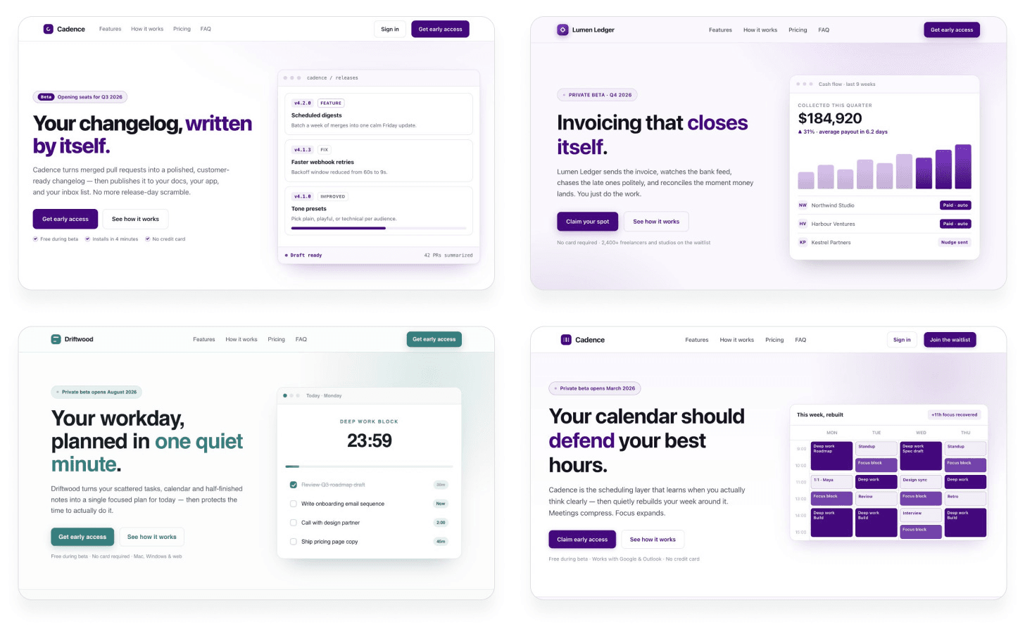 Four AI-generated SaaS landing pages in a two-by-two grid, all using a left headline, right card, and purple or teal gradient