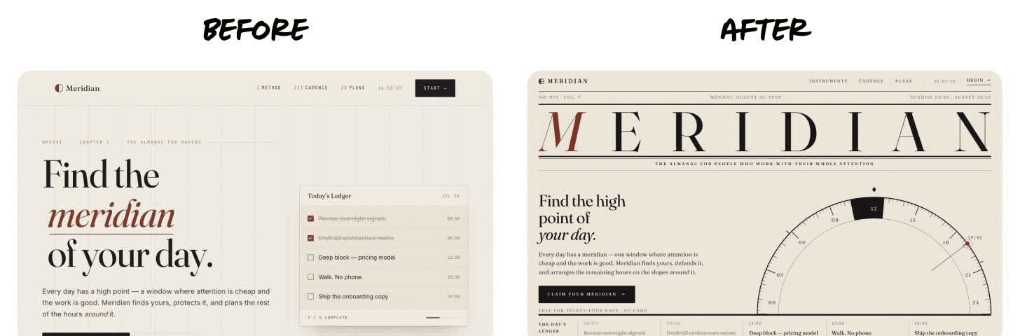 Before and after a design-critic subagent loop on the Meridian landing page: a simple editorial layout becomes a newspaper masthead with a sundial