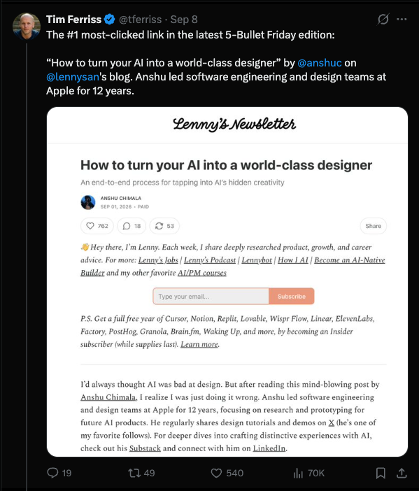 Tim Ferriss tweet calling Anshu Chimala's Lenny's Newsletter post How to turn your AI into a world-class designer the number one clicked link in his 5-Bullet Friday