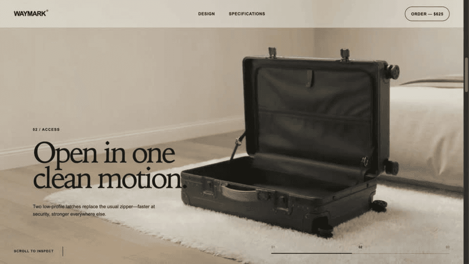 Waymark suitcase product page with an open black suitcase on a white rug and the headline Open in one clean motion