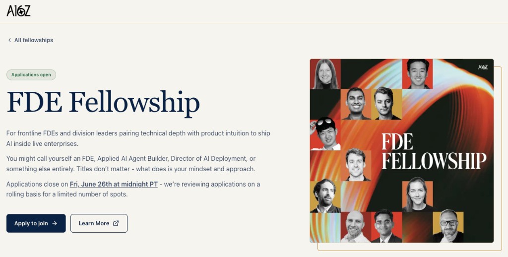 a16z FDE Fellowship applications page