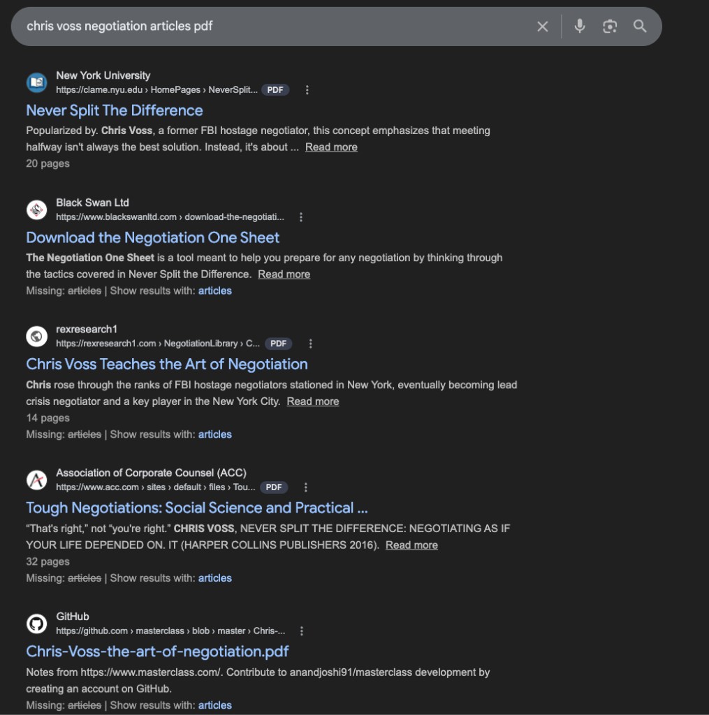 Google search results for Chris Voss negotiation articles