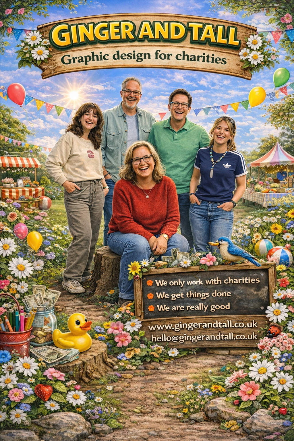 AI-generated Ginger and Tall charity poster packed edge to edge with flowers, balloons, props, and people, leaving no white space