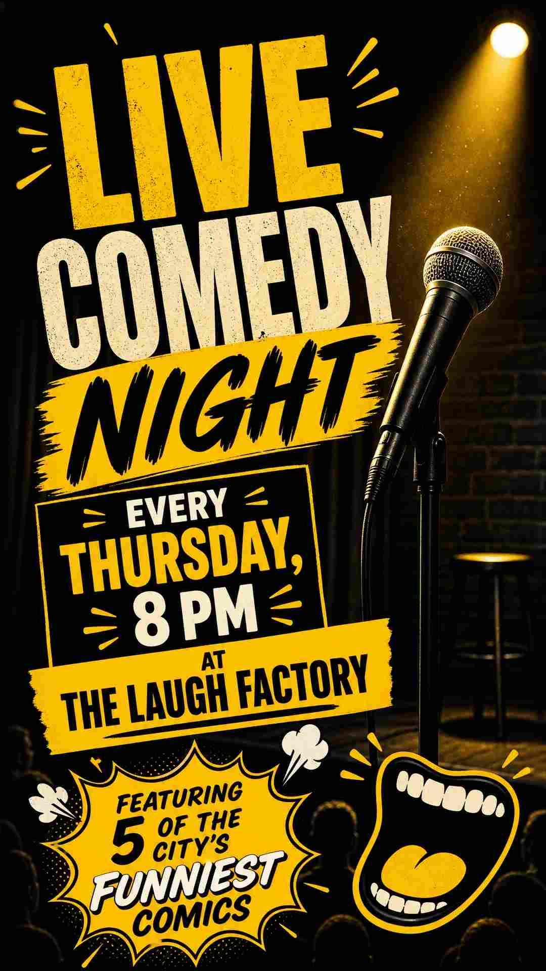 AI-generated Live Comedy Night poster mixing a flat vector layout, a photoreal 3D microphone, and rough textured lettering in one image