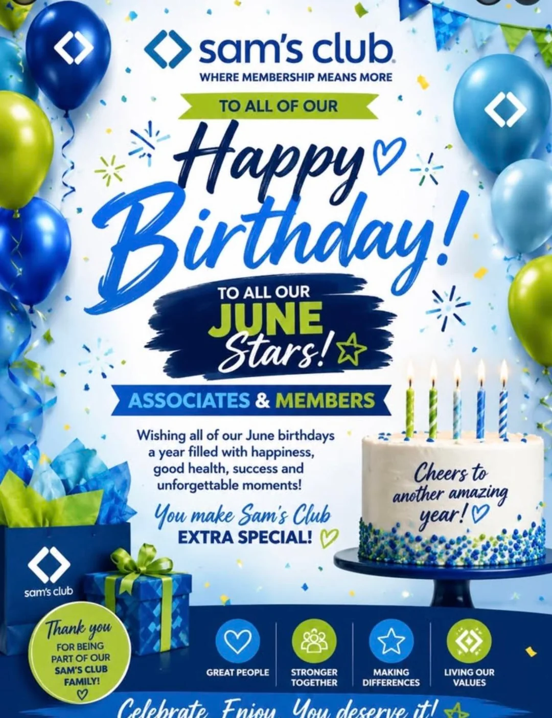 AI-generated Sam's Club birthday flyer mixing a script font, a brush font, and several block fonts in one design