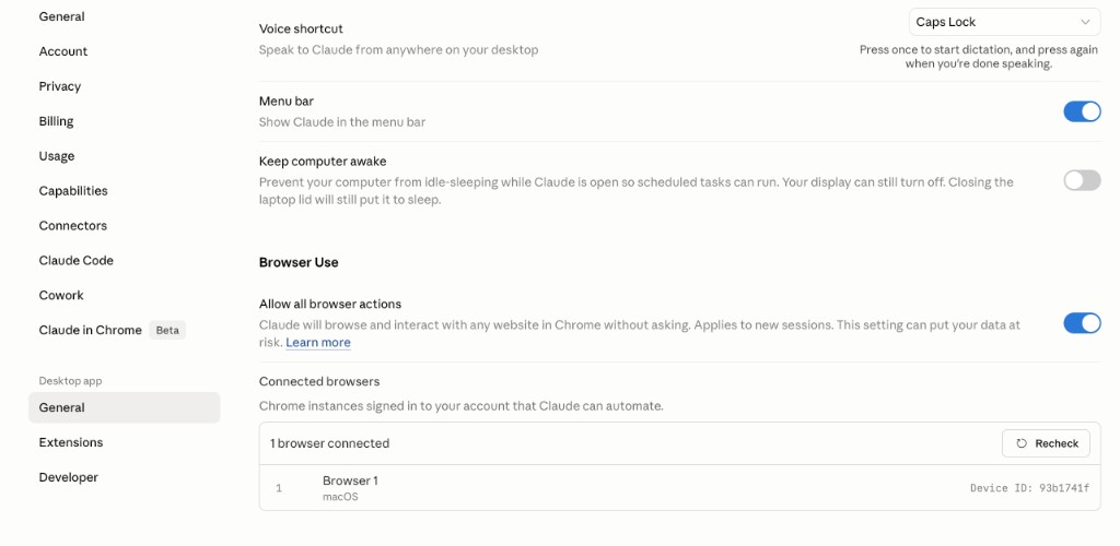 Claude in Chrome settings with Allow all browser actions enabled