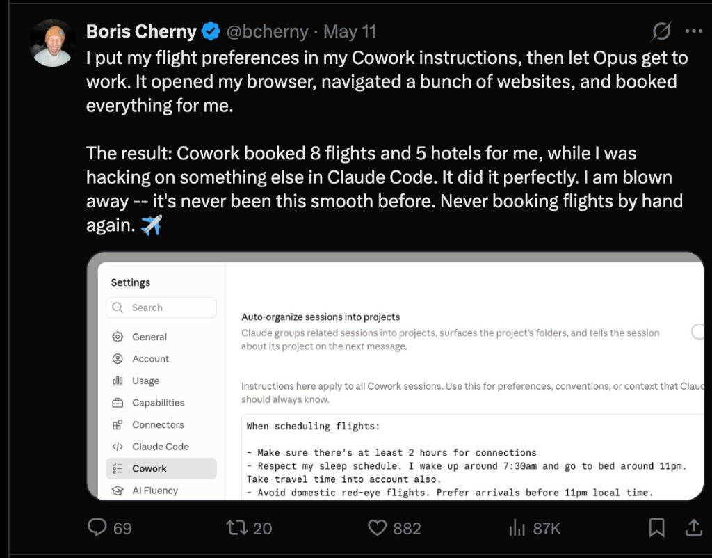 Boris Cherny tweet: Claude Cowork booked 8 flights and 5 hotels while he worked in Claude Code