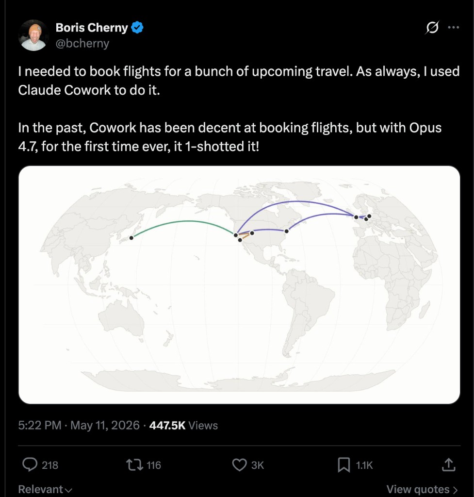Boris Cherny tweet: Opus 4.7 one-shotted multi-city flight booking