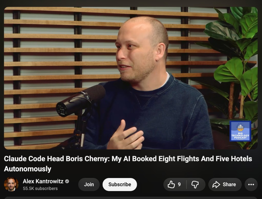 YouTube: Claude Code head Boris Cherny on AI booking eight flights and five hotels