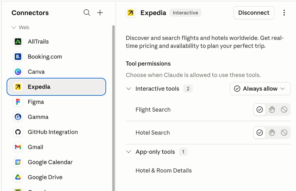 Expedia connector with Flight Search and Hotel Search set to Always allow