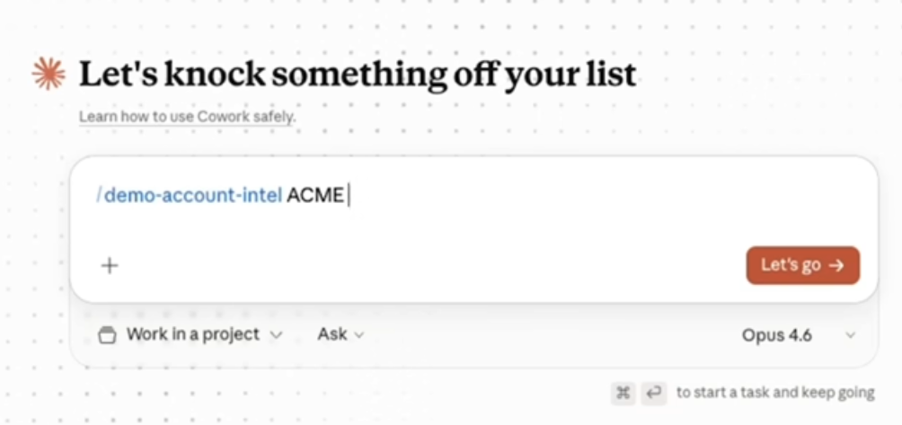 Typing /demo-account-intel and the account name in Claude Cowork
