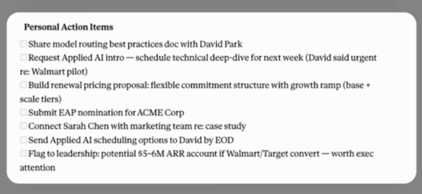 Full post-meeting output with action items and Slack message