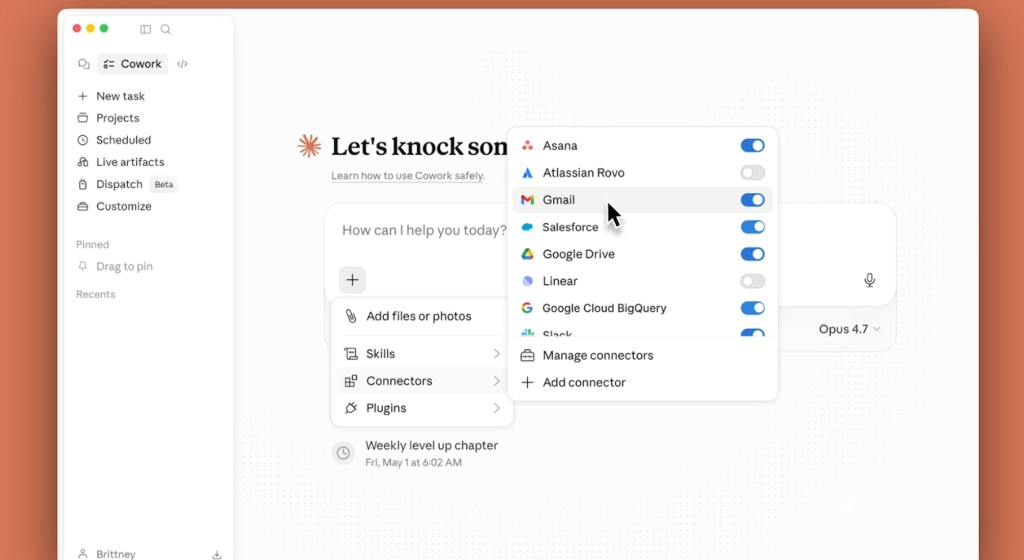 Claude Cowork connectors menu with Salesforce, Gmail, Slack, and BigQuery enabled