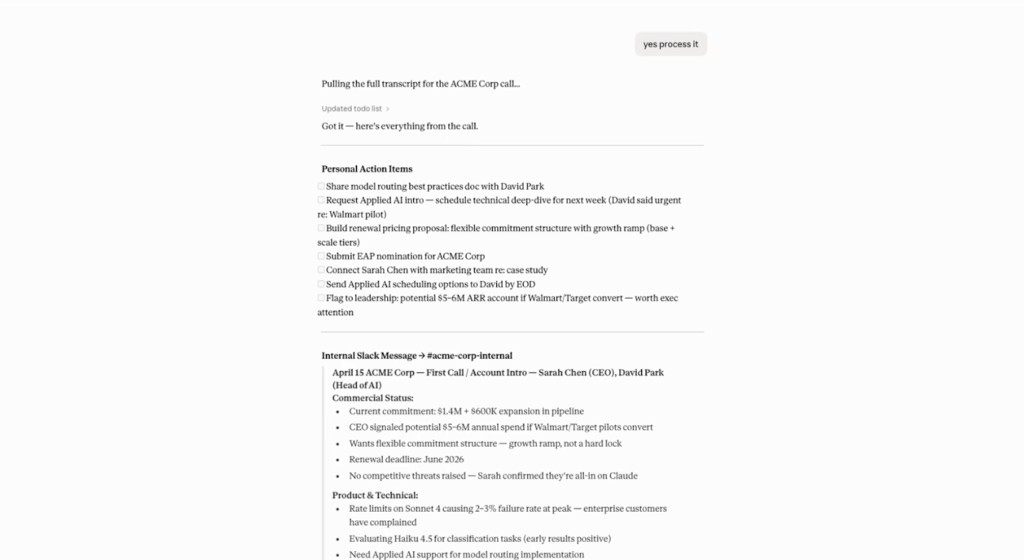 Internal Slack debrief formatted for the account channel