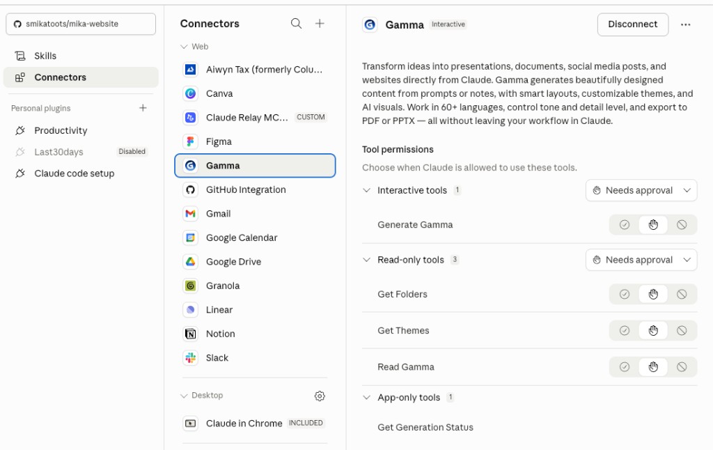 Gamma connector capabilities in Claude