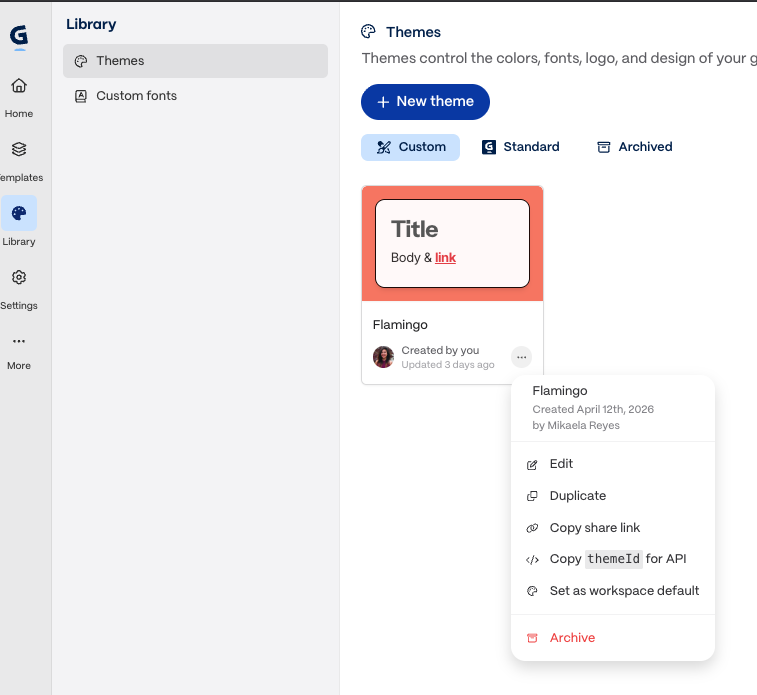 Gamma theme settings with themeId option