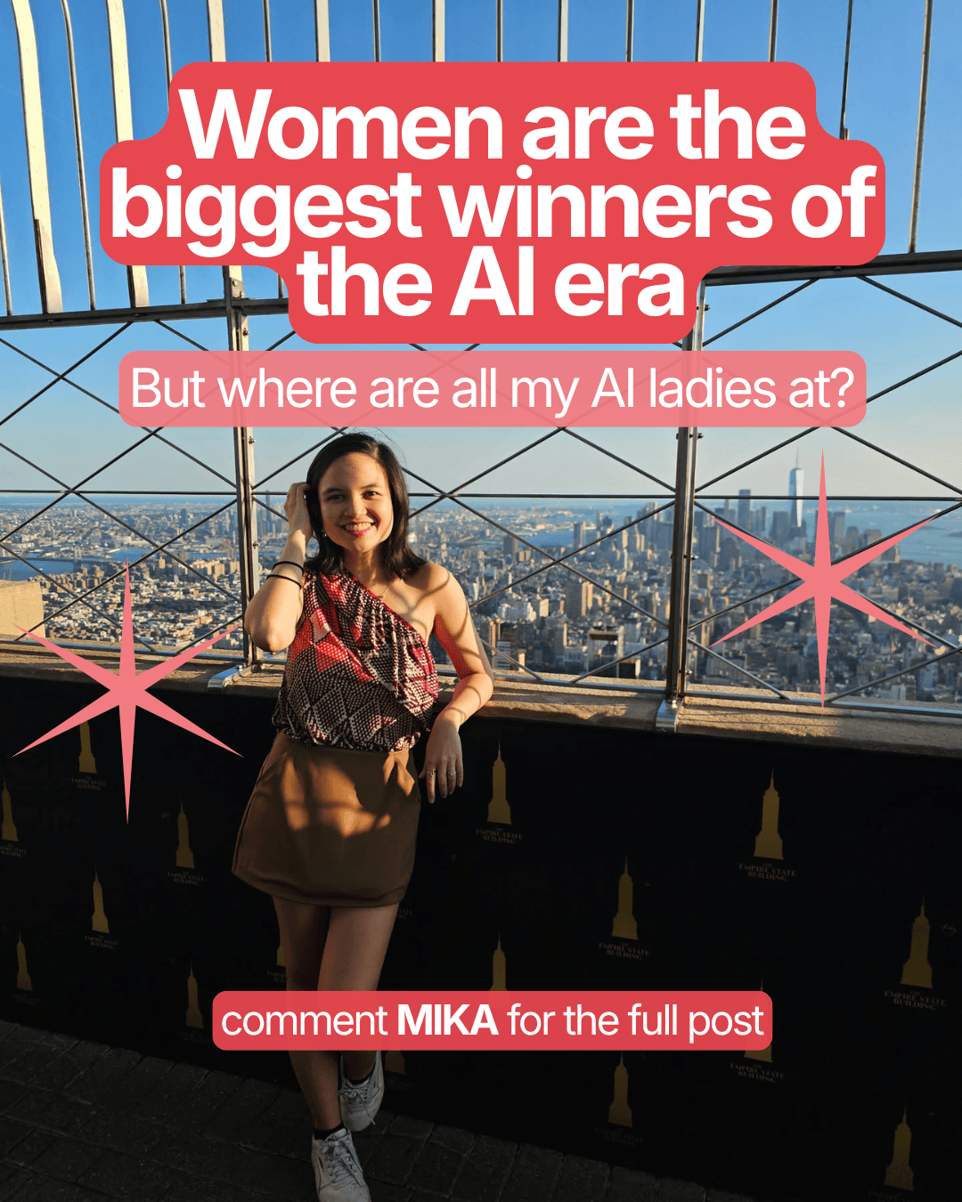 A finished Instagram carousel slide with a bold headline over a photo, a subhead, and a comment call to action, all in a consistent red and pink brand