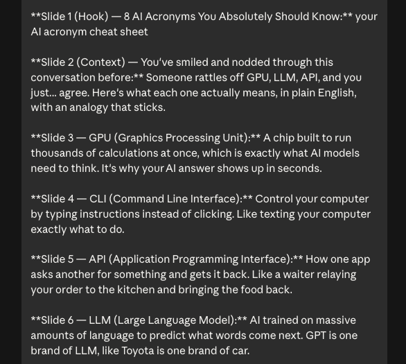 Slide copy drafted as markdown, with slide 1 labeled hook, slide 2 labeled context, and slides 3 through 6 each covering one AI acronym with a plain-English definition