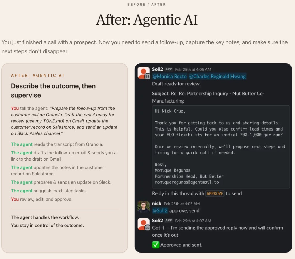 After slide: agentic workflow on the left, Slack thread with Soli2 drafting, approval, and send confirmation on the right