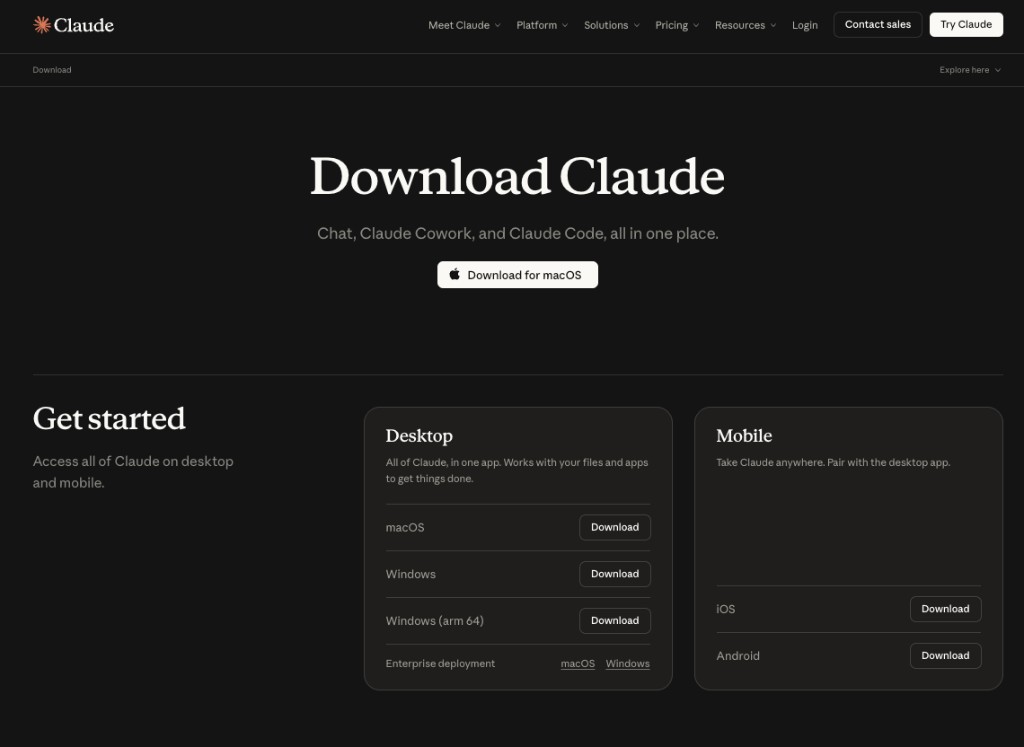 Claude download page with macOS download button