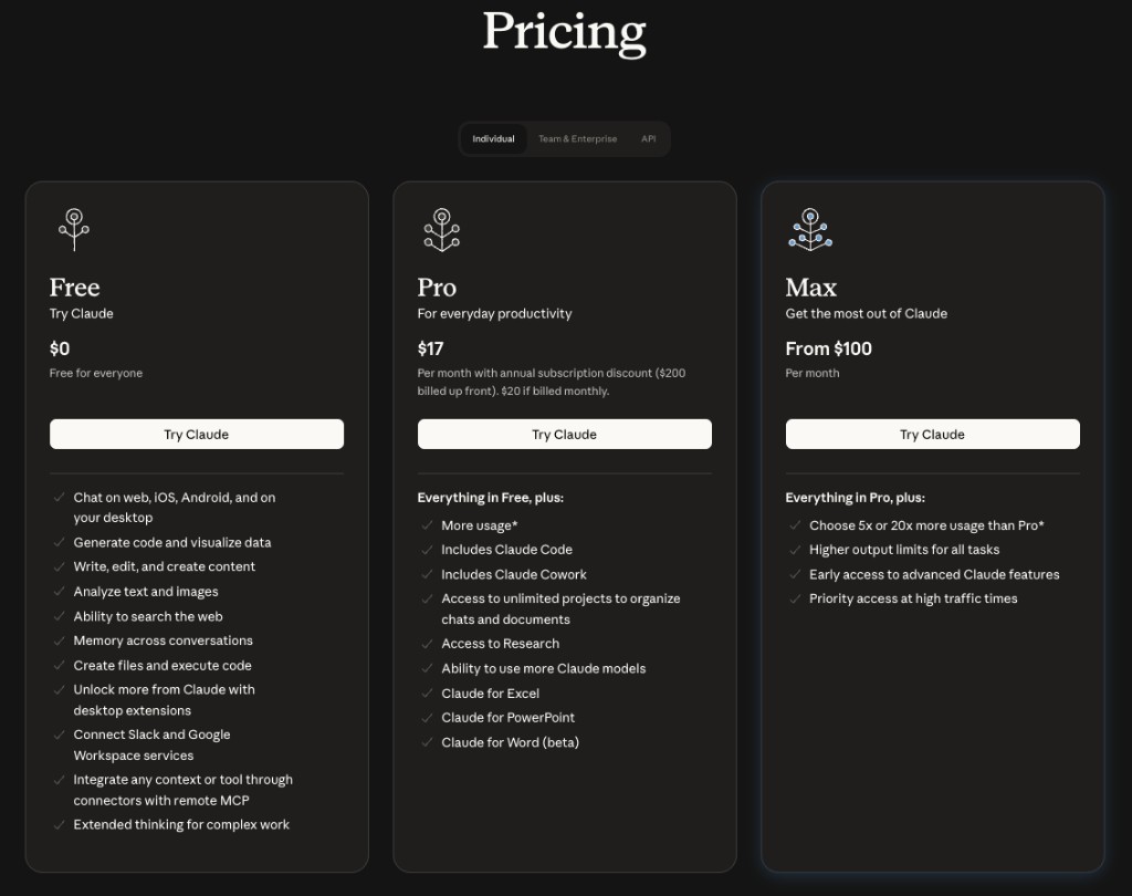 Claude pricing page with Pro plan visible