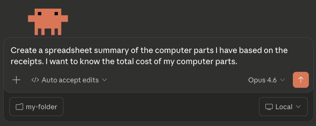 Claude Code prompt asking to create spreadsheet from receipts