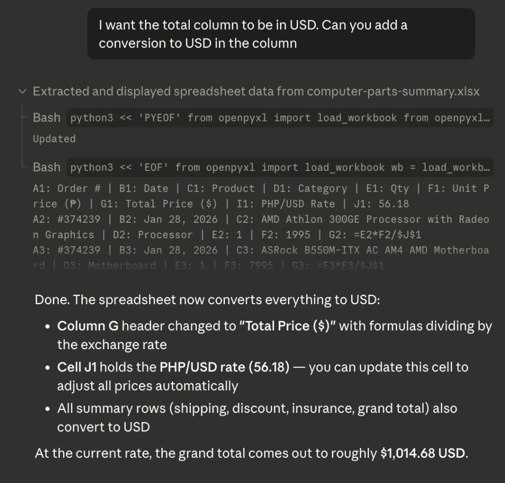 Claude Code follow-up prompt to convert totals to USD