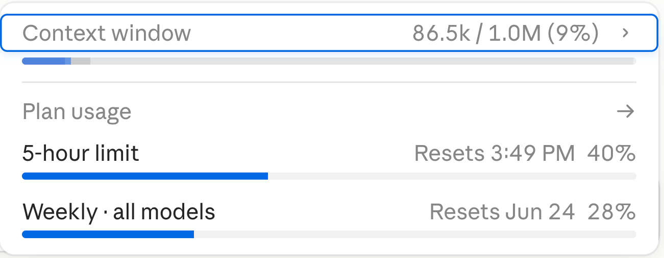 Claude Code context window usage in the status bar