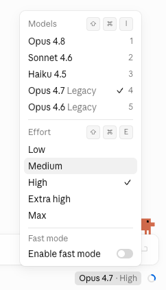 Claude model and effort selector in claude.ai
