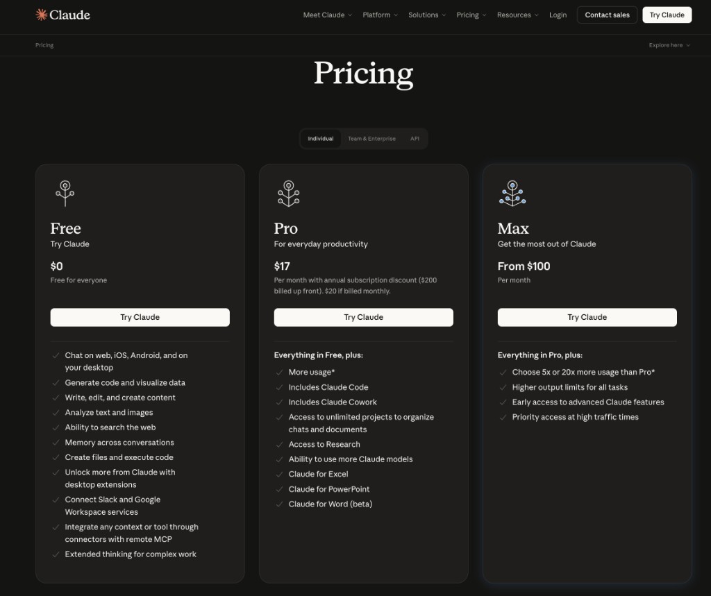 Claude pricing plans showing Pro and Max