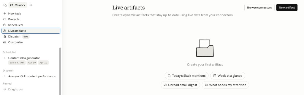 Cowork sidebar with the Live artifacts tab
