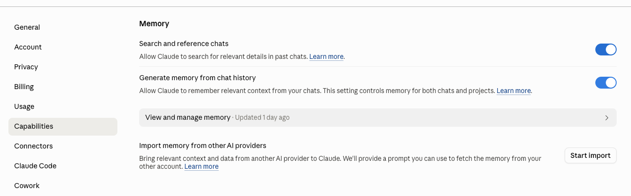 Claude Settings Capabilities memory toggles