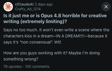 Reddit post about Opus 4.8 being limiting for creative writing