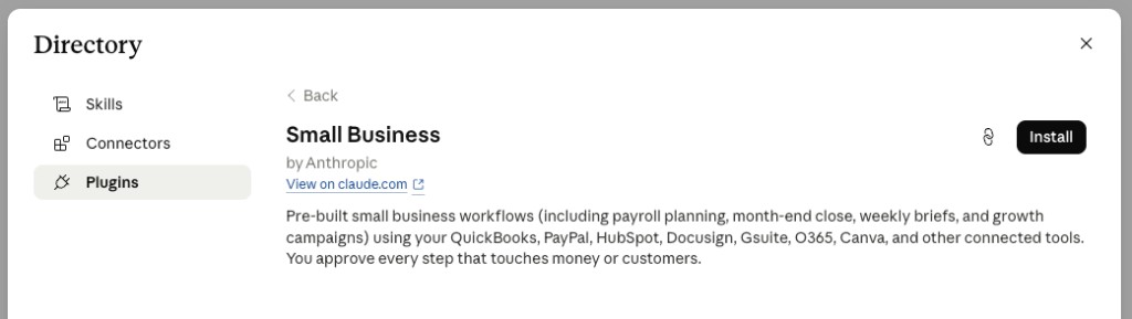 Small Business plugin install page