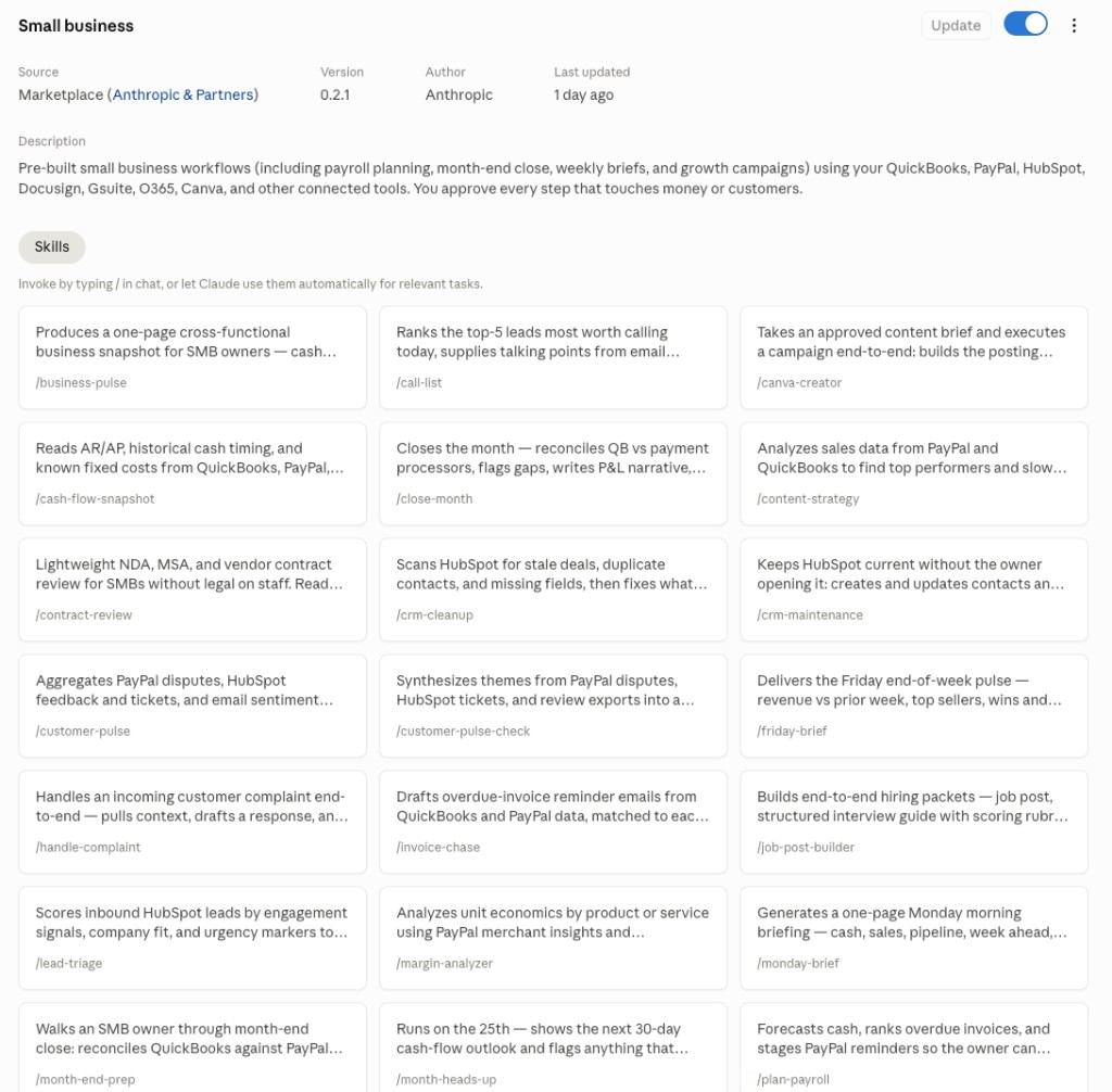 Small Business plugin skills and slash commands