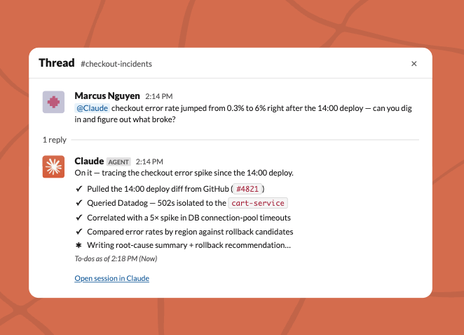 Marcus tags @Claude in #checkout-incidents; Claude traces a deploy spike across GitHub and Datadog