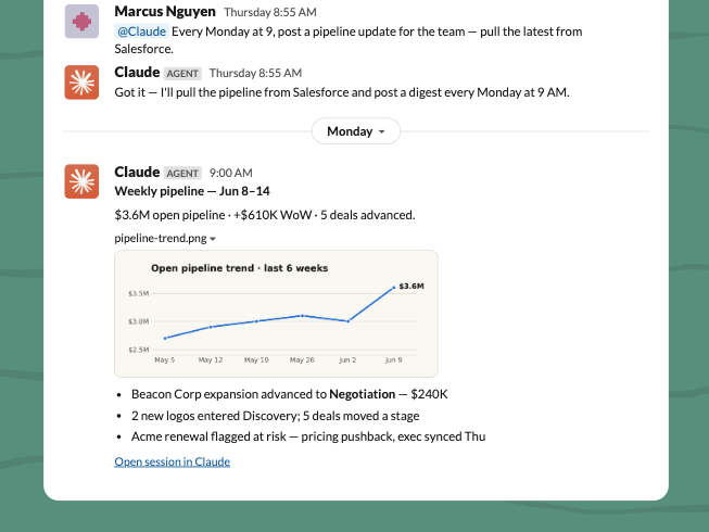 Claude schedules a weekly Salesforce pipeline digest and posts it every Monday at 9 AM