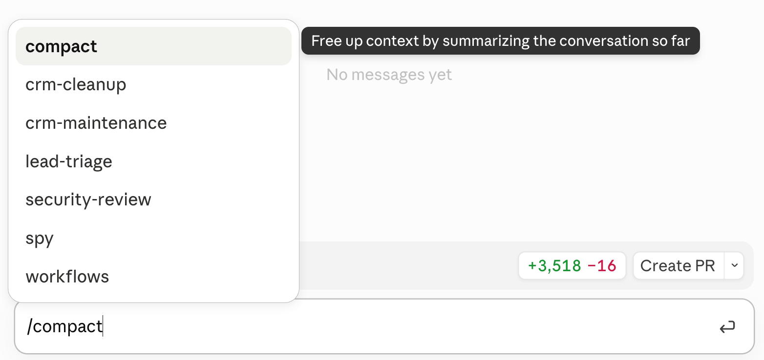 The /compact command with its tooltip: free up context by summarizing the conversation